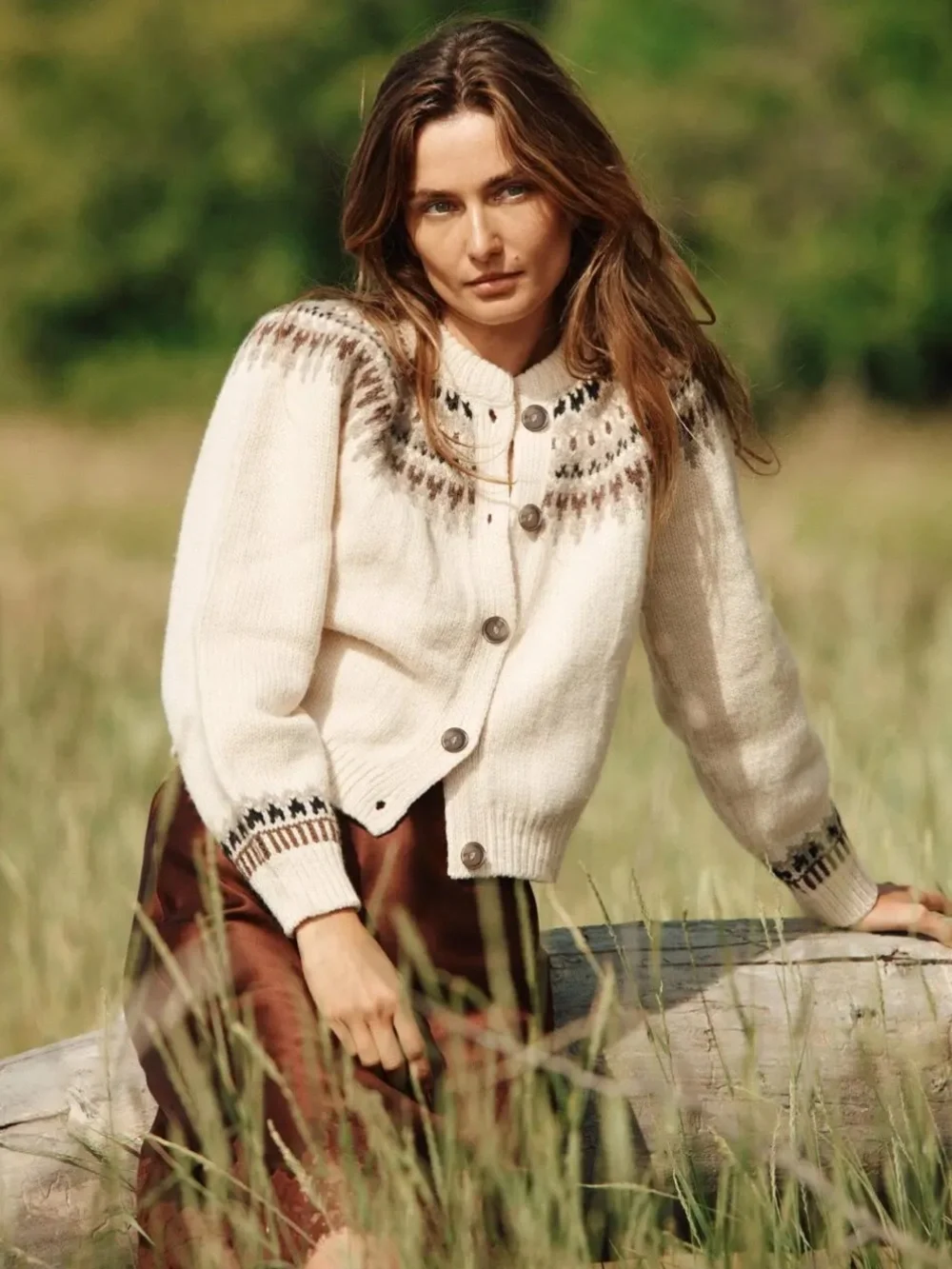NWT Doen Clarke Wool Alpaca Button Cardigan Knit Sweater Oatmeal Fair Isle Cream